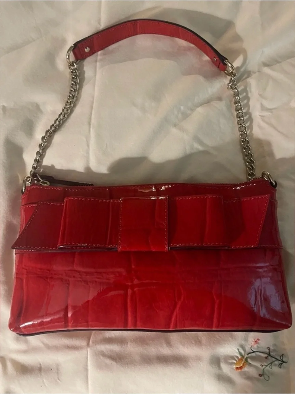 Kate Spade Knightsbridge Red Croc Patent Leather Bow Chain Shoulder Clutch
